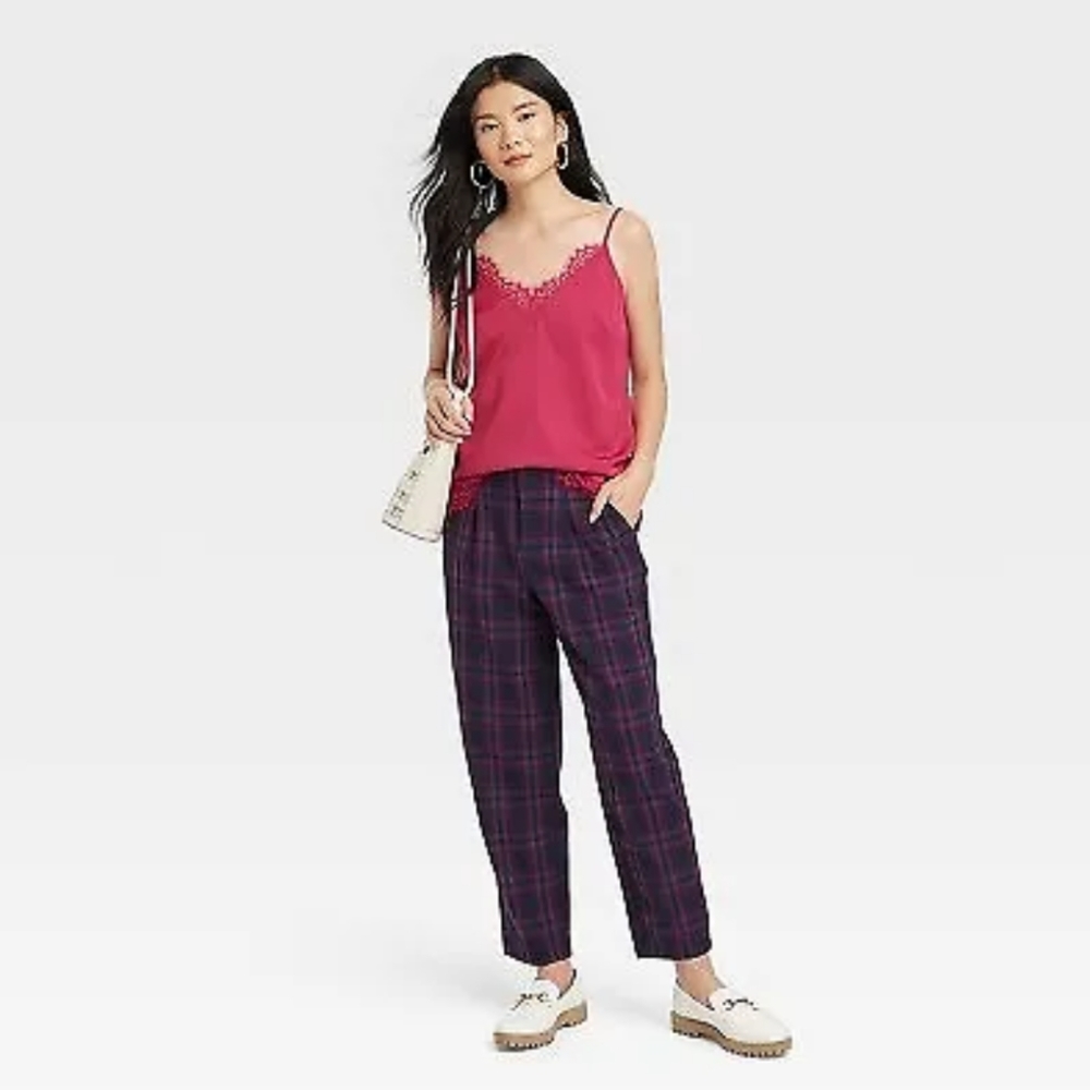 A New Day Pants Womens 12 Navy Pink Plaid Trouser Ankle Tapered Leg High Rise